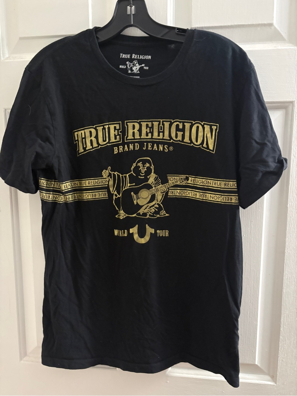 True Religion Black Tee with Gold Logo and Graphic